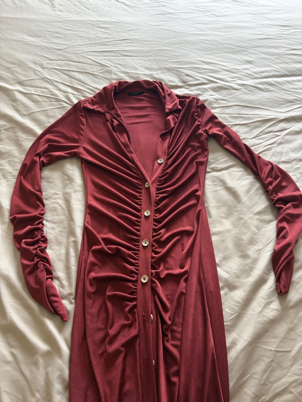 Ruched Long Sleeve Button-Front Dress - Rust Red